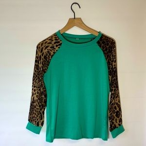 Cheetah Print sleeve Green body Small sheer